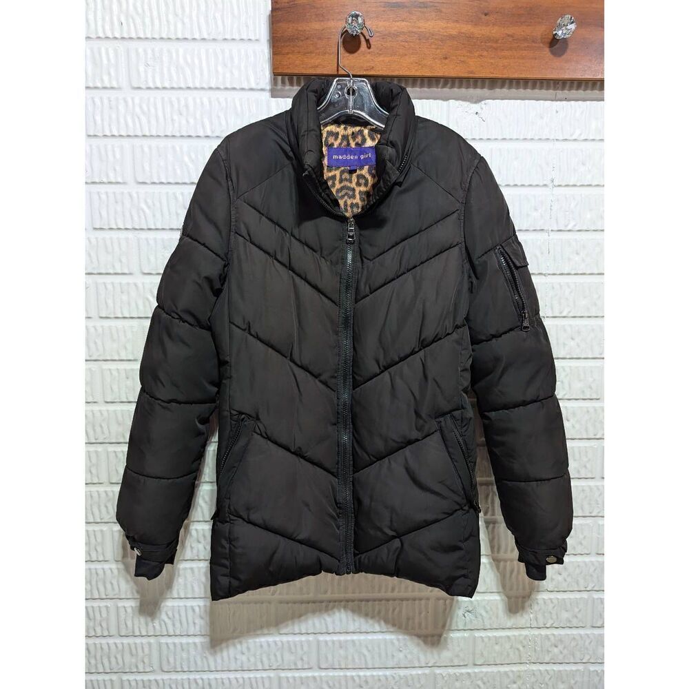 Madden Girl Women's Black Solid Long-Sleeve Polyester Full-Zip Puffer Coat Size